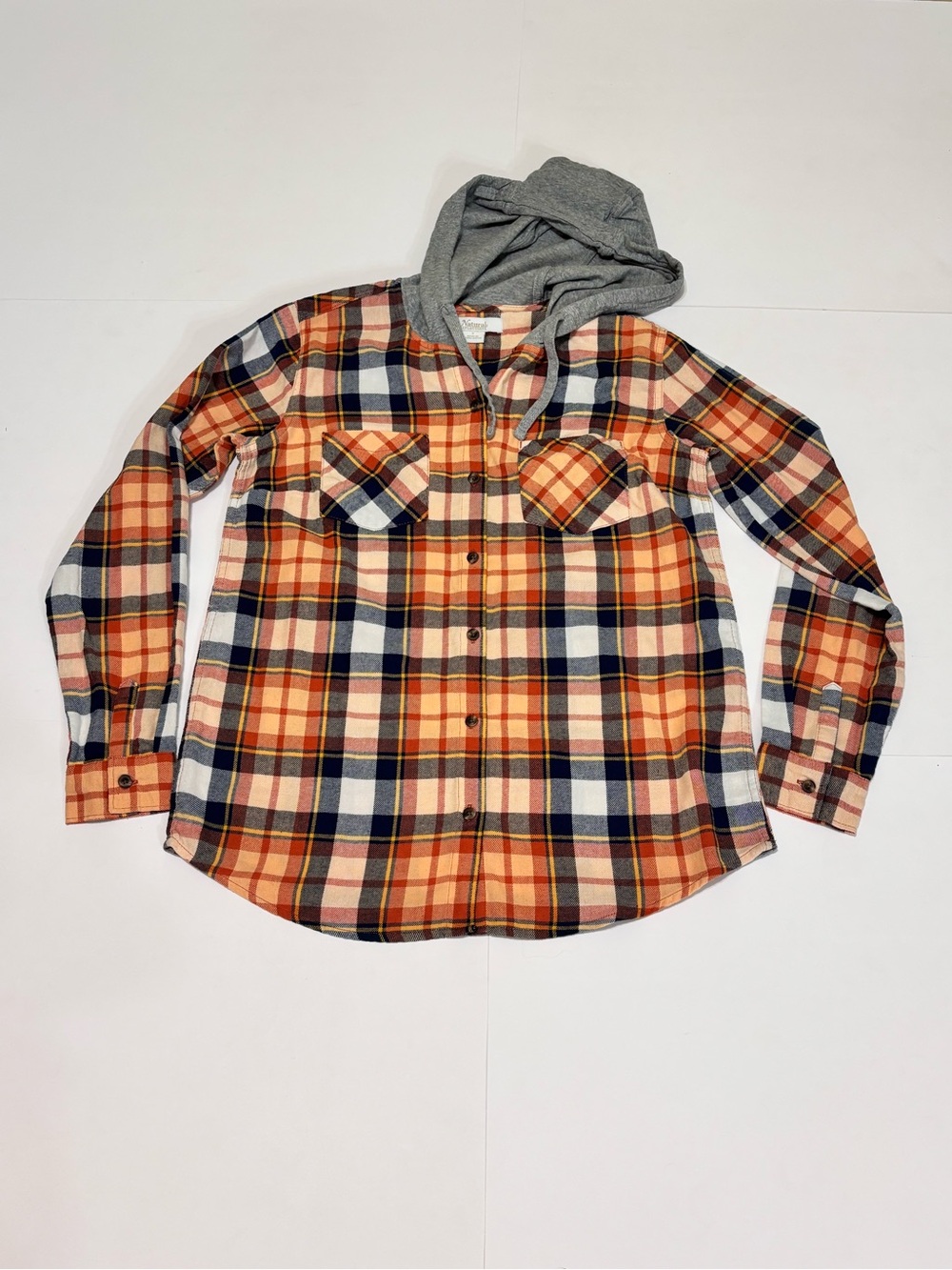 Natural Reflections Orange, Navy & Gray Plaid Hooded Button-Down